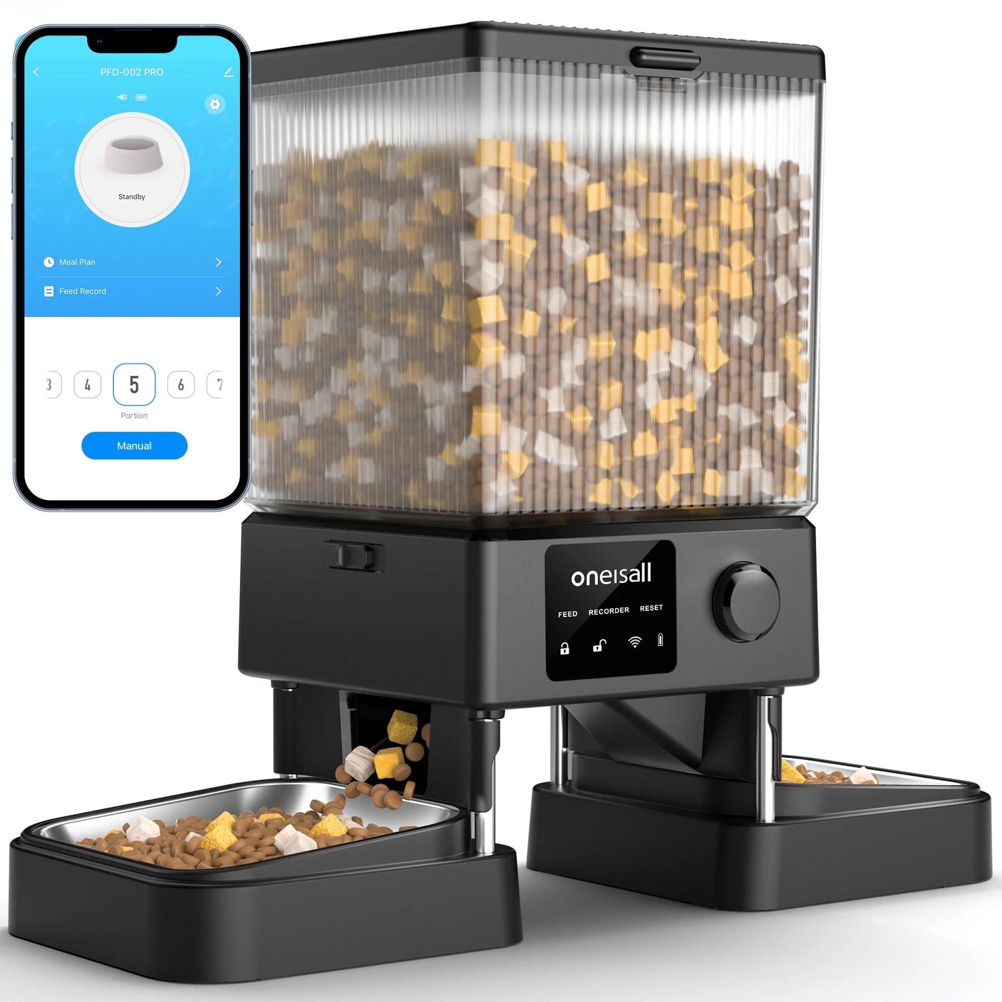 5L/20 Cups Automatic Cat Feeder with 5G Wifi & APP Control, PRO Double Bowl Cat Food Dispenser with 1 Desiccant Bag, Timed Automatic Pet Feeder for 2 Cats/2 Small Dogs - Black